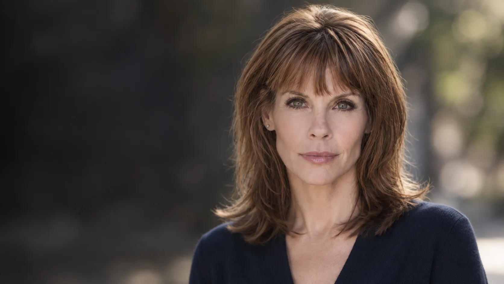 Alexandra Paul outdoors wearing a navy sweater